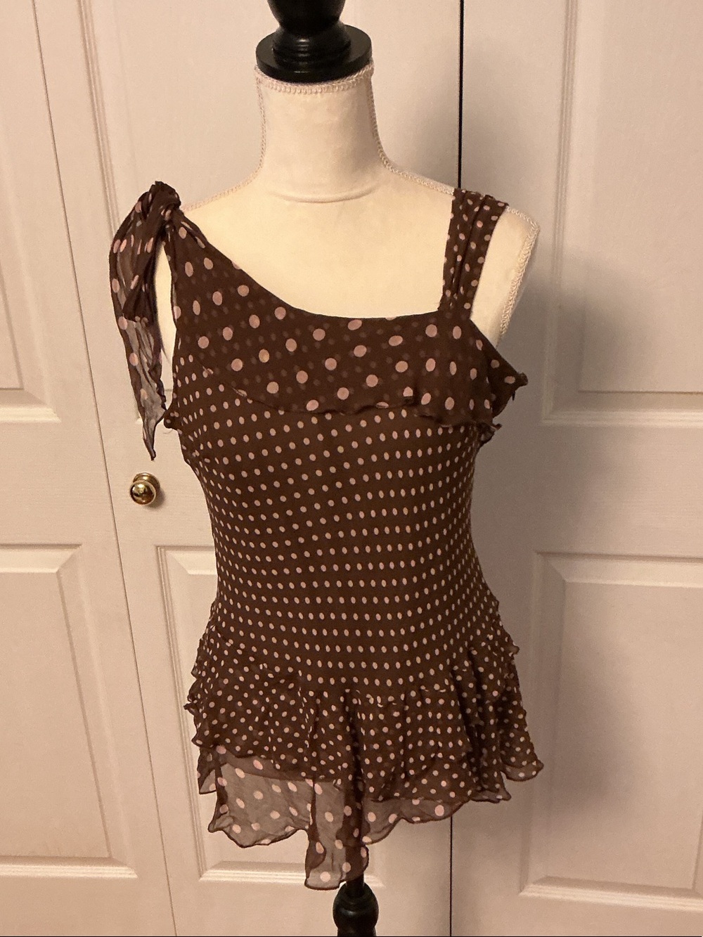 Brown Polka Dot Ruffle One-Shoulder Tank Top